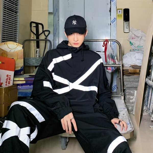 Hip Hop Reflective Stripe Hooded Pullover Jacket Fluorescent Sports Suit