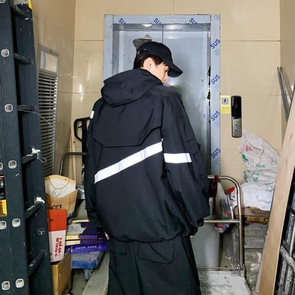 Hip Hop Reflective Stripe Hooded Pullover Jacket Fluorescent Sports Suit