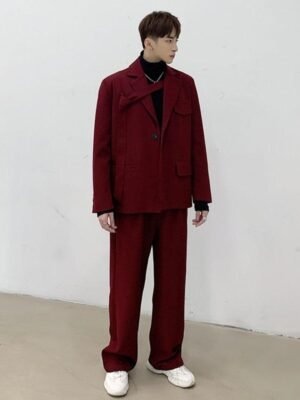 Men 2PCS Suit Set Jacket+pants Male Vintage Red Streetwear Hip Hop Casual Ribbon Blazer Coat Straight Trouser Stage Show Clothes