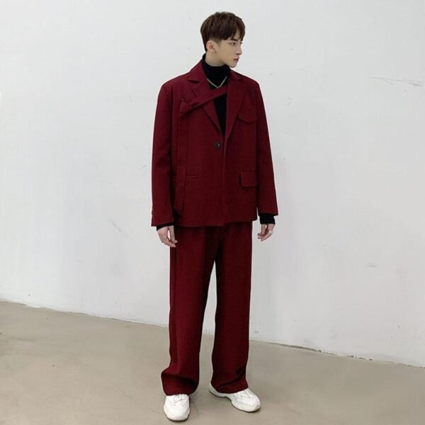 Men 2PCS Suit Set Jacket+pants Male Vintage Red Streetwear Hip Hop Casual Ribbon Blazer Coat Straight Trouser Stage Show Clothes