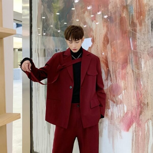 Men 2PCS Suit Set Jacket+pants Male Vintage Red Streetwear Hip Hop Casual Ribbon Blazer Coat Straight Trouser Stage Show Clothes