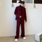 Men 2PCS Suit Set Jacket+pants Male Vintage Red Streetwear Hip Hop Casual Ribbon Blazer Coat Straight Trouser Stage Show Clothes