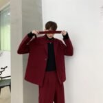 Men 2PCS Suit Set Jacket+pants Male Vintage Red Streetwear Hip Hop Casual Ribbon Blazer Coat Straight Trouser Stage Show Clothes