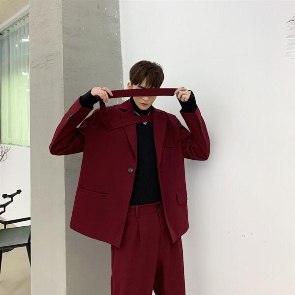 Men 2PCS Suit Set Jacket+pants Male Vintage Red Streetwear Hip Hop Casual Ribbon Blazer Coat Straight Trouser Stage Show Clothes