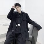 Men 2PCS Suits Sets Jacket+pant Male Japan Streetstyle Retro Fashion Casual Ribbon Blazer Coat Straight Trouser