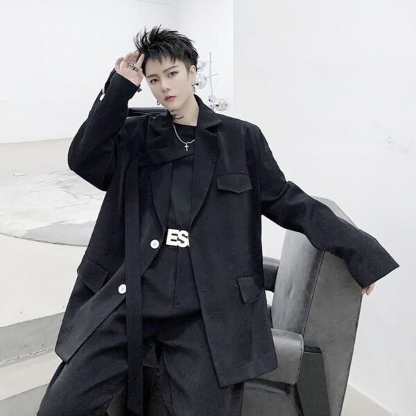 Men 2PCS Suits Sets Jacket+pant Male Japan Streetstyle Retro Fashion Casual Ribbon Blazer Coat Straight Trouser