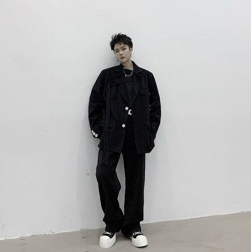 Men 2PCS Suits Sets Jacket+pant Male Japan Streetstyle Retro Fashion Casual Ribbon Blazer Coat Straight Trouser