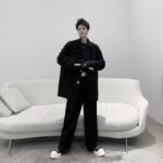 Men 2PCS Suits Sets Jacket+pant Male Japan Streetstyle Retro Fashion Casual Ribbon Blazer Coat Straight Trouser