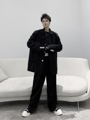 Men 2PCS Suits Sets Jacket+pant Male Japan Streetstyle Retro Fashion Casual Ribbon Blazer Coat Straight Trouser