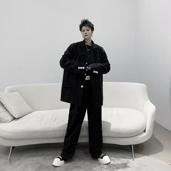 Men 2PCS Suits Sets Jacket+pant Male Japan Streetstyle Retro Fashion Casual Ribbon Blazer Coat Straight Trouser