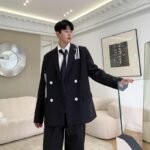 Retro College Style Male Streetwear Suit Jacket Coat Pants