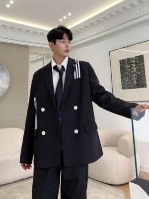 Retro College Style Male Streetwear Suit Jacket Coat Pants