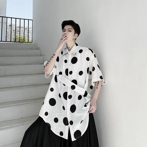 Cotton and Linen Casual Short-sleeved Polka Dot Shirt