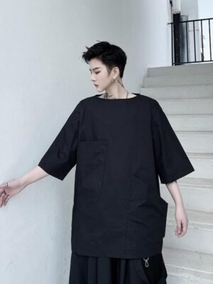 Irregular Pocket Short Sleeve Casual Pullover Shirt Black T-shirt for Men