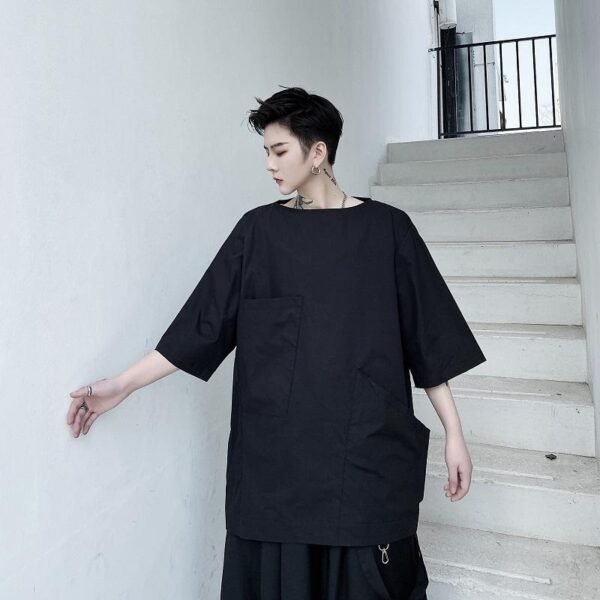 Irregular Pocket Short Sleeve Casual Pullover Shirt Black T-shirt for Men