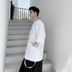 Irregular Pocket Short Sleeve Casual Pullover Shirt Black T-shirt for Men