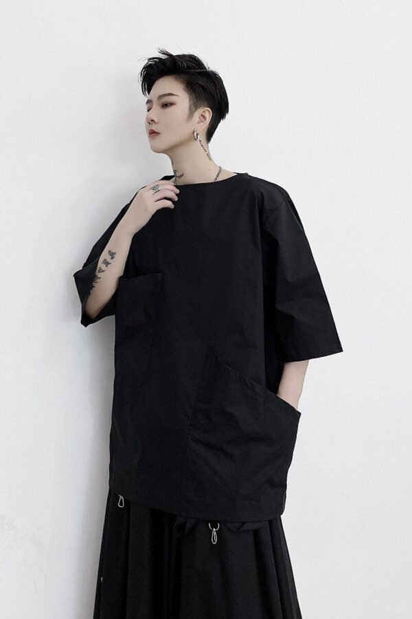 Irregular Pocket Short Sleeve Casual Pullover Shirt Black T-shirt for Men