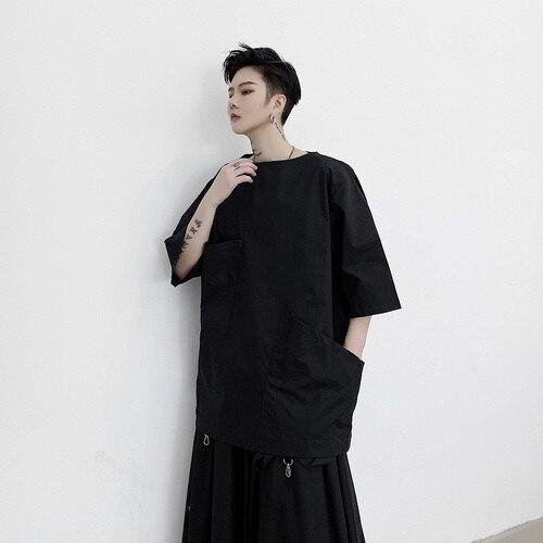 Irregular Pocket Short Sleeve Casual Pullover Shirt Black T-shirt for Men