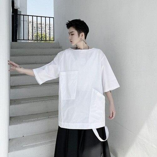 Irregular Pocket Short Sleeve Casual Pullover Shirt Black T-shirt for Men