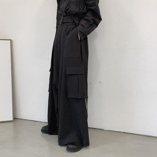 Men Japan Loose Casual Wide Leg Cargo Pants Male Streetwear Hip Hop Punk Gothic Harem Belt Trousers Kimono Straight Skirt Pants
