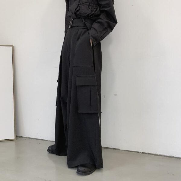 Men Japan Loose Casual Wide Leg Cargo Pants Male Streetwear Hip Hop Punk Gothic Harem Belt Trousers Kimono Straight Skirt Pants