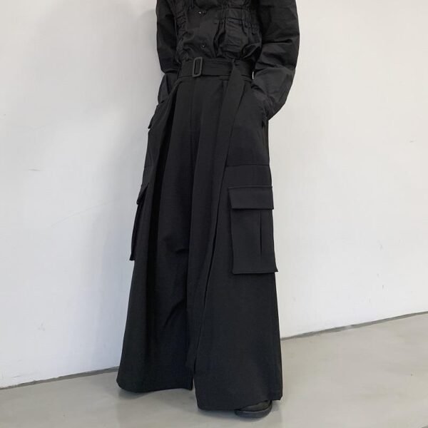 Men Japan Loose Casual Wide Leg Cargo Pants Male Streetwear Hip Hop Punk Gothic Harem Belt Trousers Kimono Straight Skirt Pants