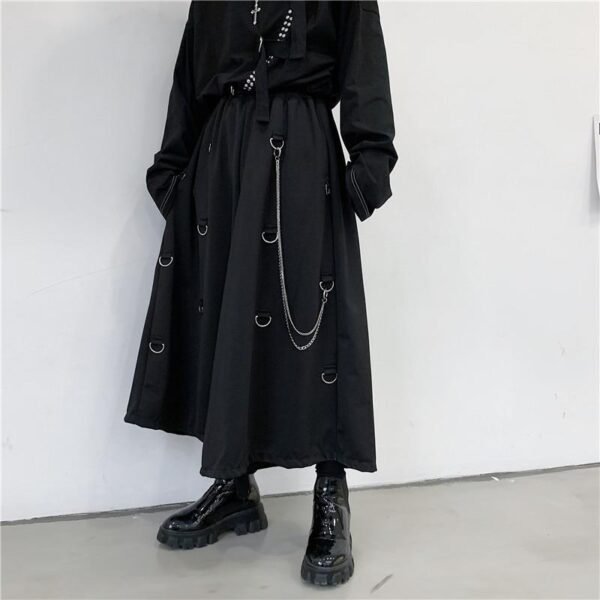 Men Metal Chain Causal Loose Casual Wide Leg Pant Male Japan Style Streetwear Gothic Punk Kimono Skirt Pants