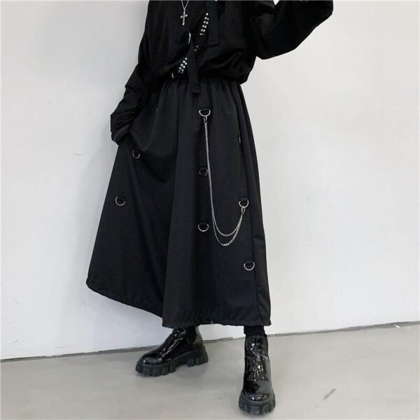 Men Metal Chain Causal Loose Casual Wide Leg Pant Male Japan Style Streetwear Gothic Punk Kimono Skirt Pants