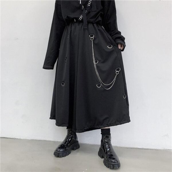 Men Metal Chain Causal Loose Casual Wide Leg Pant Male Japan Style Streetwear Gothic Punk Kimono Skirt Pants