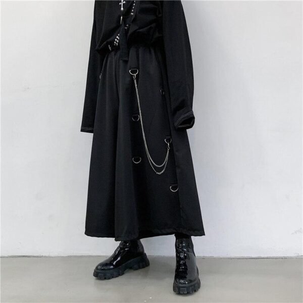 Men Metal Chain Causal Loose Casual Wide Leg Pant Male Japan Style Streetwear Gothic Punk Kimono Skirt Pants