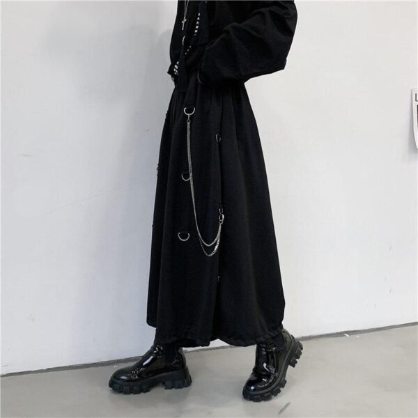 Men Metal Chain Causal Loose Casual Wide Leg Pant Male Japan Style Streetwear Gothic Punk Kimono Skirt Pants