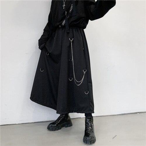 Men Metal Chain Causal Loose Casual Wide Leg Pant Male Japan Style Streetwear Gothic Punk Kimono Skirt Pants