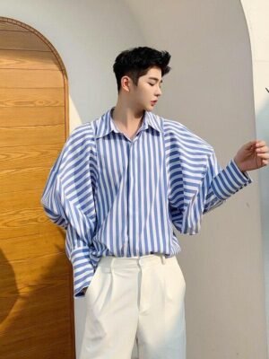 Fashion Puffy Sleeve Shirt Casual Blue and White Striped Shirt Striped Long Sleeve Shirt