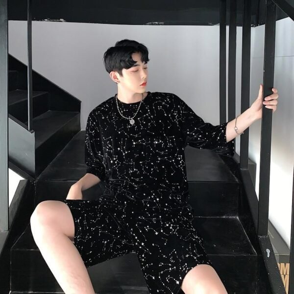Men Summer Sets (tshirt+shorts) Velour Drill Bling Casual Male Streetwear Hip Hop Punk Short Sleeve T Shirt Tops Tees Shirts