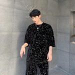 Men Summer Sets (tshirt+shorts) Velour Drill Bling Casual Male Streetwear Hip Hop Punk Short Sleeve T Shirt Tops Tees Shirts