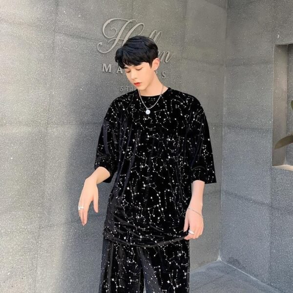 Men Summer Sets (tshirt+shorts) Velour Drill Bling Casual Male Streetwear Hip Hop Punk Short Sleeve T Shirt Tops Tees Shirts