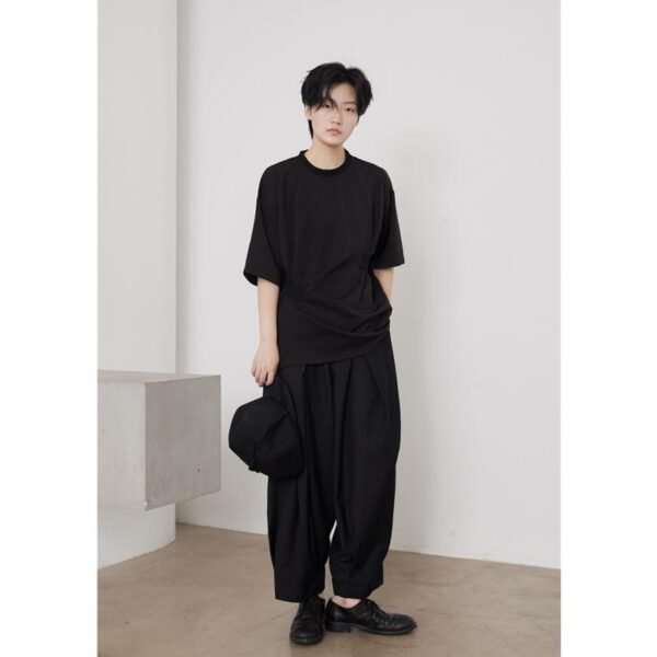 SUNYVONNE-21SS Japanese Niche Yoji Yamamoto Dark Black Pleated Stitching Pleated Short-sleeved Top T-shirt