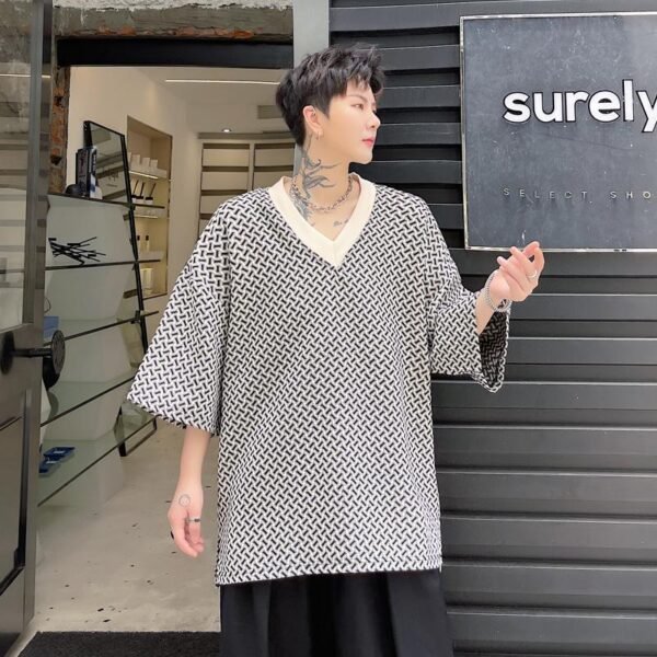 KK1658/P60 Geometric Pattern V-Neck Pullover Loose T-shirt