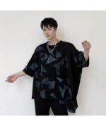 KK1623/P80 Geometric Pattern Printed Patchwork Falling Shoulder Loose Short Sleeve T-Shirt