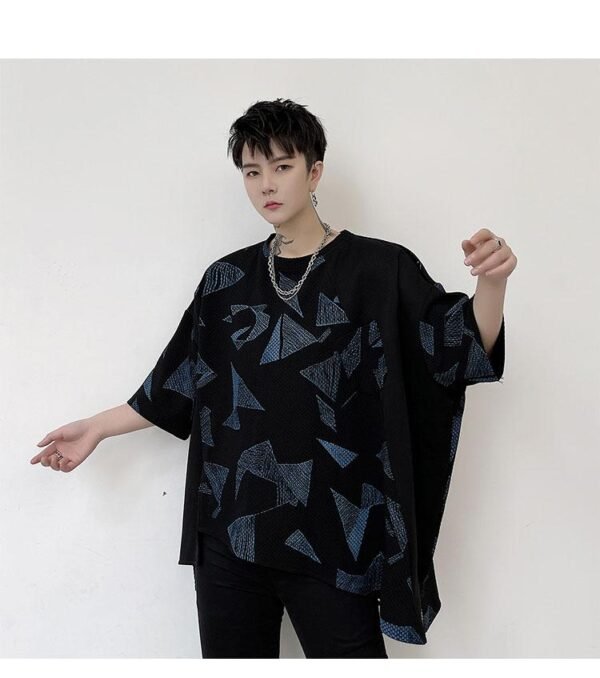 KK1623/P80 Geometric Pattern Printed Patchwork Falling Shoulder Loose Short Sleeve T-Shirt