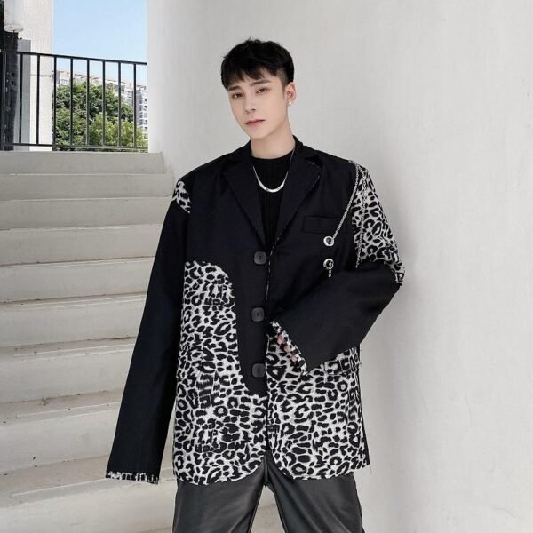 P1351226 Retro Leopard Print Stitching Suit Design Sense of Personality Niche Suit Men's Trend