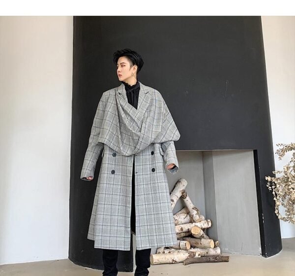 Fashion Design Long Windbreaker Double Breasted Coat Plaid Trench Coat Flannel Coat for Men