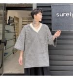 KK1658/P60 Geometric Pattern V-Neck Pullover Loose T-shirt