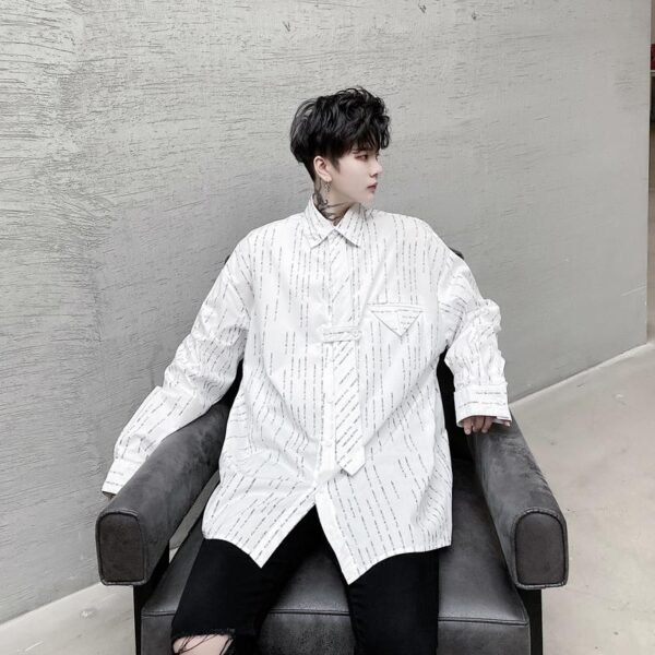 KK1452 Letter Printing Fixed Tie Design Men's Loose Long Sleeve Shirt