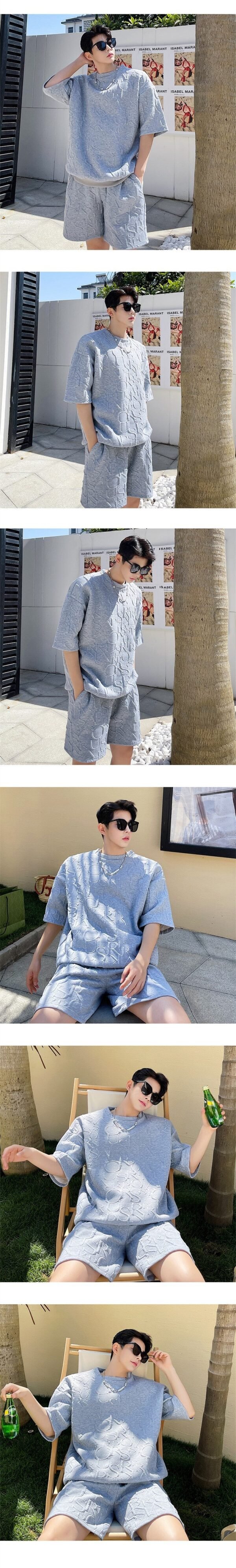 P85 Ribbed Hem T-sleeve High Temperature Three-dimensional Embossed Summer Short-sleeved Shorts Suit