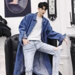 Korean Style Black Jean Jacket Long Denim Jacket Denim Trench Coat Mens