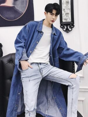Korean Style Black Jean Jacket Long Denim Jacket Denim Trench Coat Mens