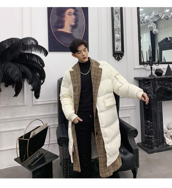 KK864P235 Winter Plaid Collar Fake Two-piece Design Men's Mid-length Cotton Jacket