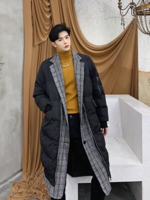 KK864P235 Winter Plaid Collar Fake Two-piece Design Men's Mid-length Cotton Jacket