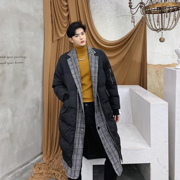 KK864P235 Winter Plaid Collar Fake Two-piece Design Men's Mid-length Cotton Jacket